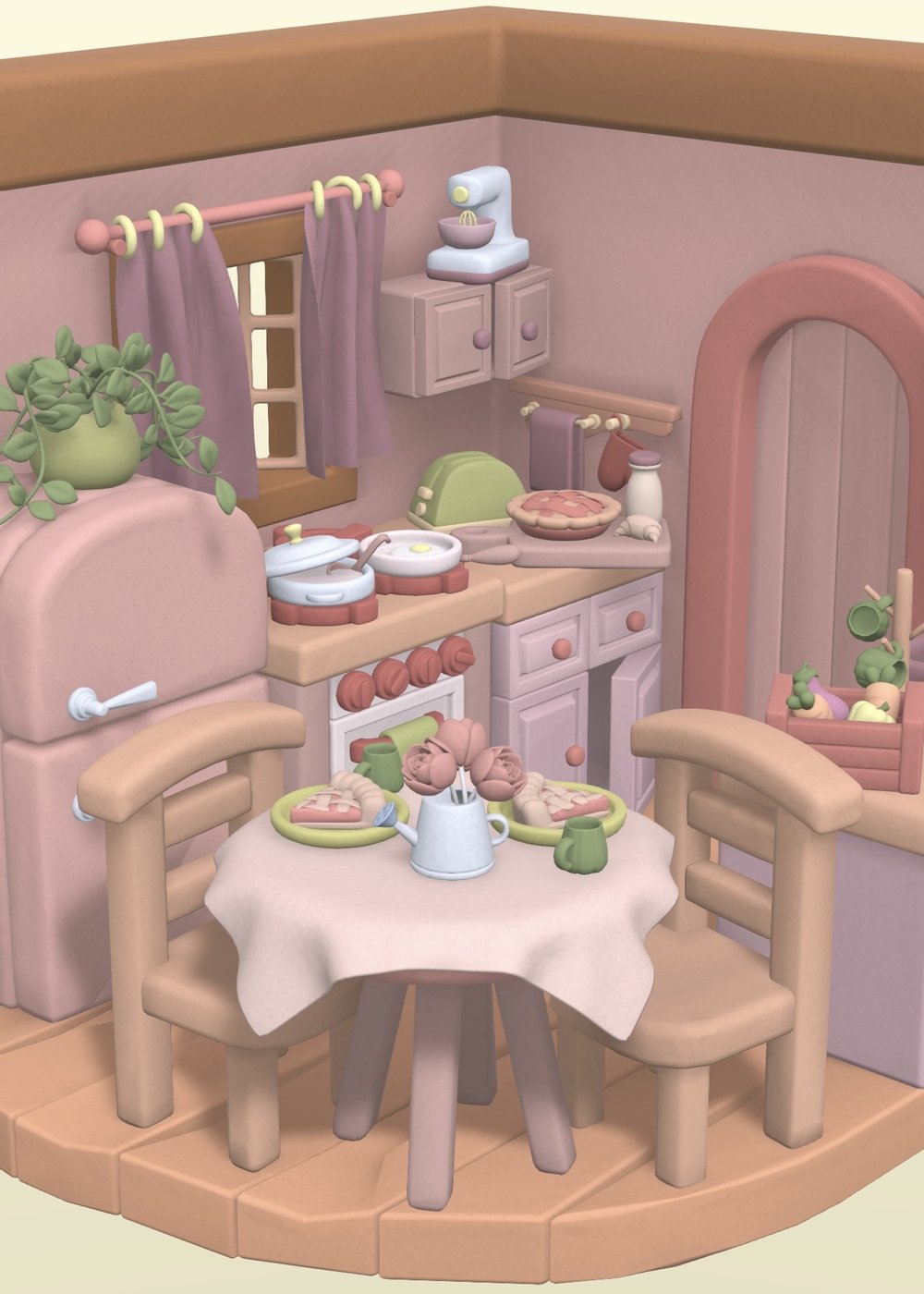 A pink kitchen scene, fully colored